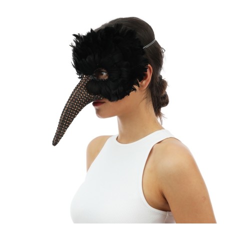MASQUE  LOUP OISEAU LUMES NOIRES LONG NEZ CLOUTE OR