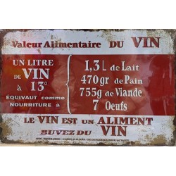 PLAQUE METAL VINTAGE VALEUR ALIMENTAIRE DU VIN