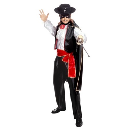 DEGUISEMENT JUSTICIER ZORRO MASQUE AVEC CAPE NOIR CEINTURE ROUGE TAILLE M