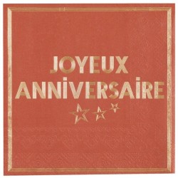 10 SERVIETTES ROUGE JOYEUX ANNIVERSAIRE OR 33 X 33  CM 