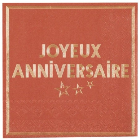 10 SERVIETTES ROUGE JOYEUX ANNIVERSAIRE OR 33 X 33  CM 