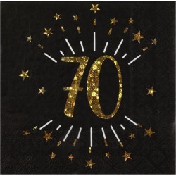10 SERVIETTES  ETINCELANT METAL OR 70 ANS NOIR 