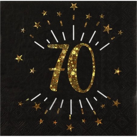 10 SERVIETTES  ETINCELANT METAL OR 70 ANS NOIR 