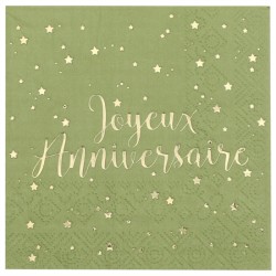 20 SERVIETTES JOYEUX ANNIVERSAIRE VERT SAUGE 25 X 25 CM 