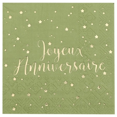20 SERVIETTES JOYEUX ANNIVERSAIRE VERT SAUGE 25 X 25 CM 