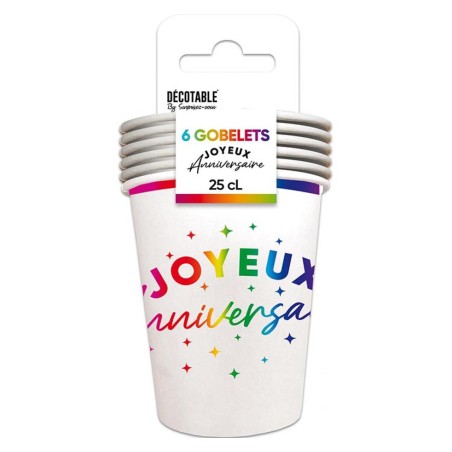 6 GOBELETS  BLANC JOYEUX ANNIVERSAIRE EN MULTICOLORE 25 CL 