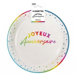 8 ASSIETTES  BLANC JOYEUX ANNIVERSAIRE EN MULTICOLORE 18 CM 