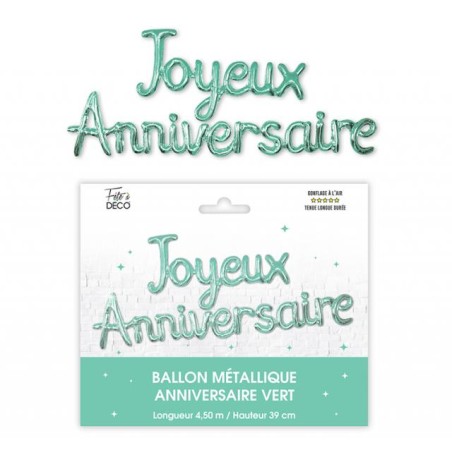 GUIRLANDE BALLONS METALLIQUES JOYEUX ANNIVERSAIRE VERT AQUA 4.50M X 39 CM