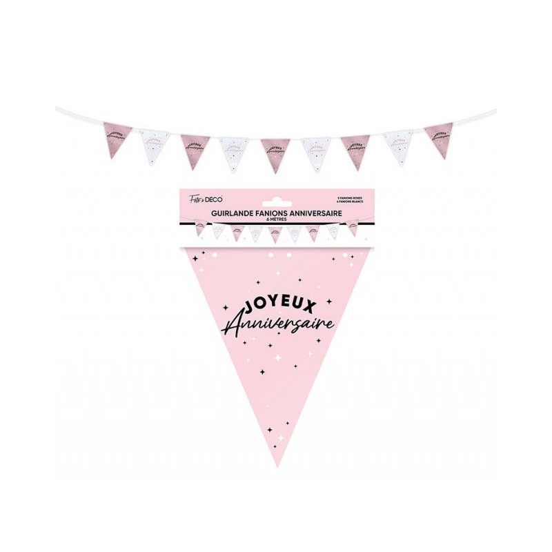 GUIRLANDE FANIONS JOYEUX ANNIVERSAIRE ROSE ET BLANC 6 METRES GUIRLANDE FANIONS JOYEUX ANNIVERSAIRE ROSE ET BLANC 6 METRES