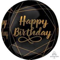 BALLON METALLIQUE ORBZ NOIR HAPPY BIRTHDAY OR GOLDEN AGE 38 X 40 CM 