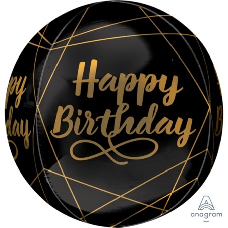 BALLON METALLIQUE ORBZ NOIR HAPPY BIRTHDAY OR GOLDEN AGE 38 X 40 CM 