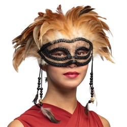 DEMI-MASQUE VOODOO MARRON AVEC PLUME