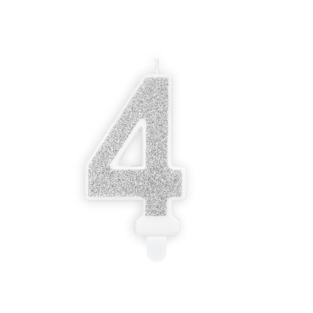 BOUGIE CHIFFRE 4 PAILLETTE ARGENT 7 CM