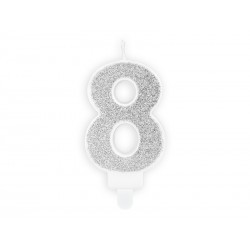 BOUGIE CHIFFRE 8 PAILLETTE ARGENT 7 CM