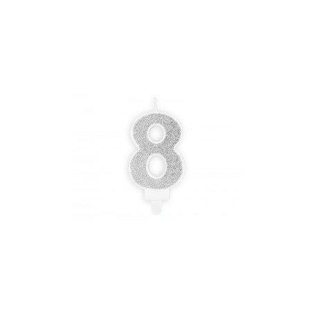 BOUGIE CHIFFRE 8 PAILLETTE ARGENT 7 CM