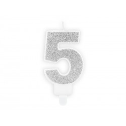 BOUGIE CHIFFRE 5 PAILLETTE ARGENT 7 CM