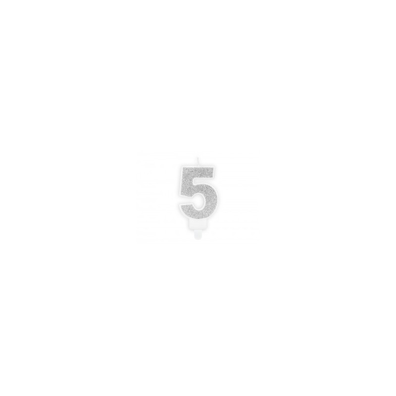 BOUGIE CHIFFRE 5 PAILLETTE ARGENT 7 CM BOUGIE CHIFFRE 5 PAILLETTE ARGENT 7 CM
