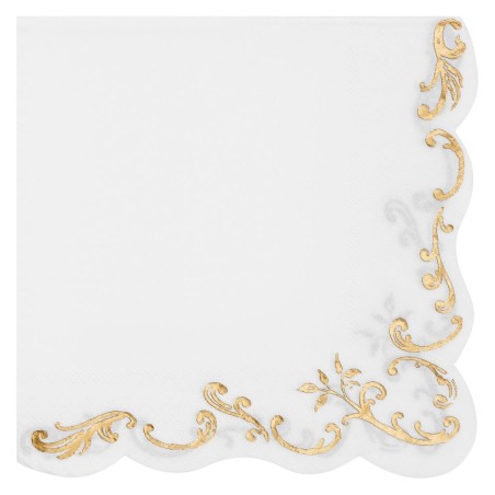 12 SERVIETTES PAPIER BLANC ET OR BORDURES ARABESQUES S33 X 33 CM