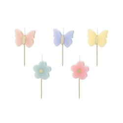 5 BOUGIES D'ANNIVERSAIRE FLEURS ET PAPILLONS PASTEL