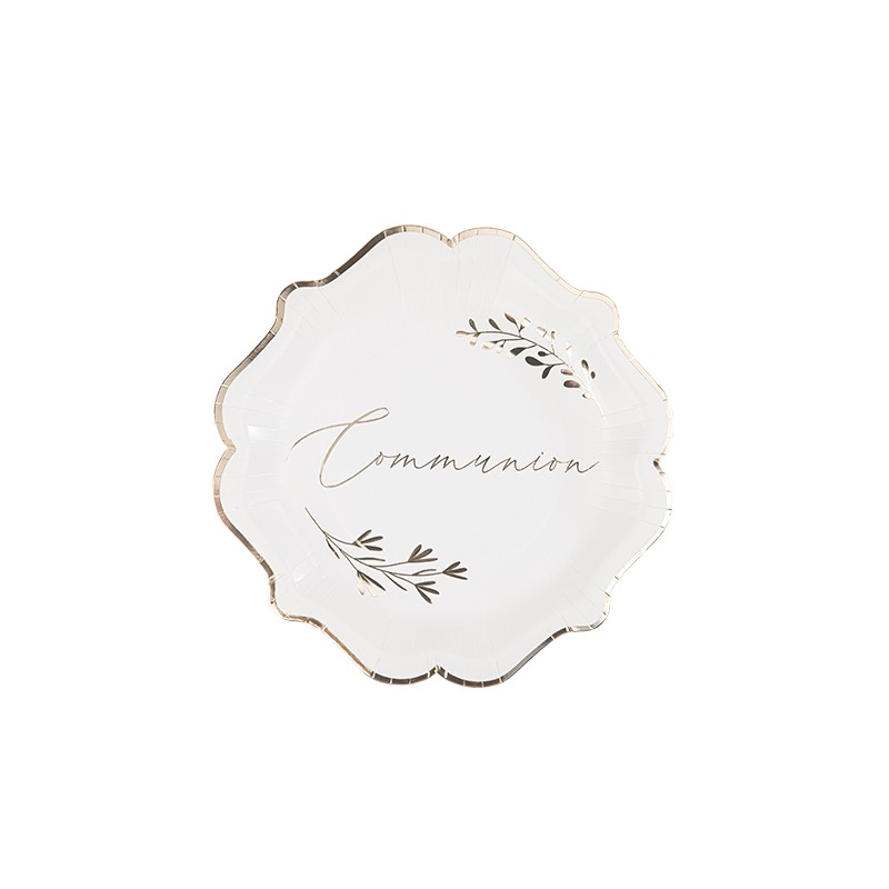 8 ASSIETTES COMMUNION CARTON BLANC ET OR 23 CM 