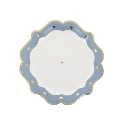 8 ASSIETTES PETITS COEURS BLEU ORAGE, BLANC ET OR 23 CM 