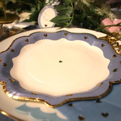 8 ASSIETTES PETITS COEURS BLEU ORAGE, BLANC ET OR 23 CM 