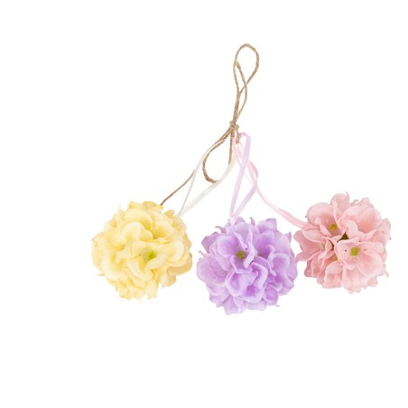 3 BOULES D'HORTENSIA A SUSPENDRE JAUNE, LILAS ET ROSE 6.5 CM 