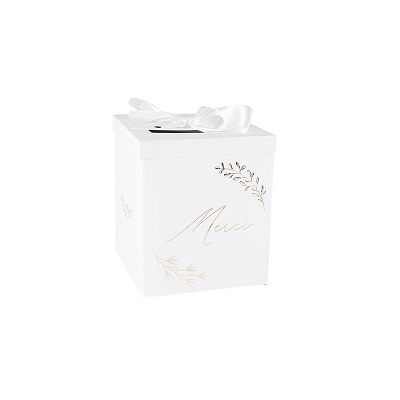URNE MERCI COMMUNION CARTON BLANC ET OR RUBAN SATIN 21 X 21 X 25 CM URNE MERCI COMMUNION CARTON BLANC ET OR RUBAN SATIN 21 X 21 X 25 CM