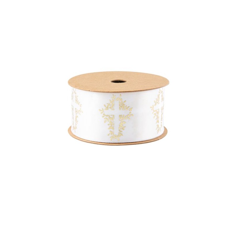 RUBAN CROIX VEGETALISEE SATIN BLANC ET OR 3.8 CM X 10M RUBAN CROIX VEGETALISEE SATIN BLANC ET OR 3.8 CM X 10M