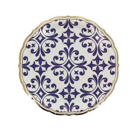 8 ASSIETTES DOLCE VITA BLEU ROI, BLANC  ET OR 23 CM 