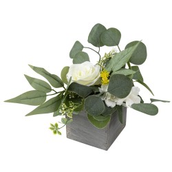DECORATION COMPOSITION ROSE, FLEURS ET FEUILLAGE JAUNE ET BLANC AVEC POT 
