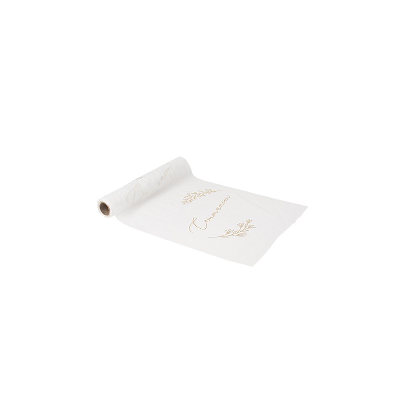 CHEMIN DE TABLE COMMUNION MOUSSELINE BLANCHE ET OR 28 CM X 5 M CHEMIN DE TABLE COMMUNION MOUSSELINE BLANCHE ET OR 28 CM X 5 M