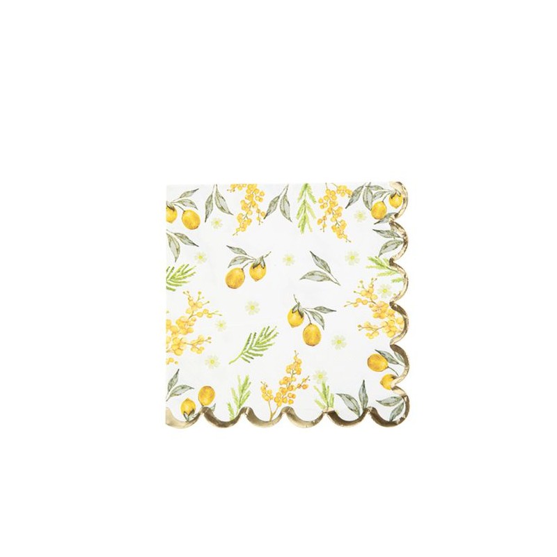 16 SERVIETTES MIMOSA CITRONS FEUILLAGES ET OR 33 X 33 CM 3 PLIS 