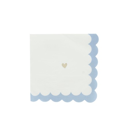 16 SERVIETTES PETITS COEURS BLEU ORAGE, BLANC ET OR 33 X 33 CM 3 PLIS 