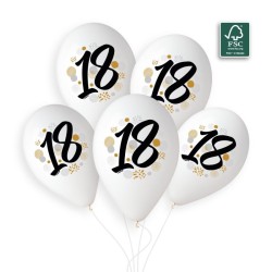 5 BALLONS BIO LATEX  COULEUR BLANC IMPRESSION 18 NOIR OR ARGENT  33 CM 