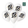 5 BALLONS BIO LATEX  COULEUR BLANC IMPRESSION 18 NOIR OR ARGENT  33 CM 