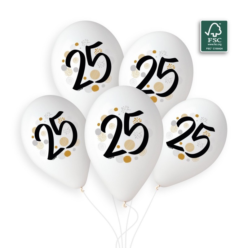 5 BALLONS BIO LATEX COULEUR BLANC IMPRESSION 25 NOIR OR ARGENT 33 CM 5 BALLONS BIO LATEX COULEUR BLANC IMPRESSION 25 NOIR OR ARGENT 33 CM