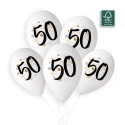 5 BALLONS BIO LATEX COULEUR BLANC IMPRESSION 50 NOIR OR ARGENT  33 CM 