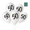 5 BALLONS BIO LATEX COULEUR BLANC IMPRESSION 50 NOIR OR ARGENT  33 CM 