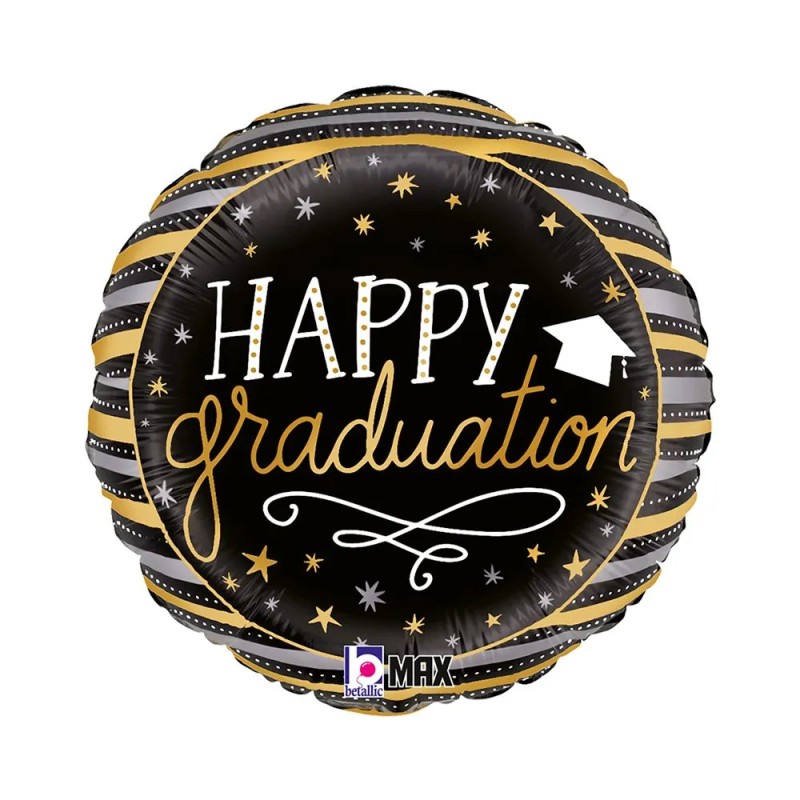 BALLON METALLIQUE ROND HAPPY GRADUATION NOIR ET OR 46 CM BALLON METALLIQUE ROND HAPPY GRADUATION NOIR ET OR 46 CM