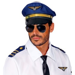 SET PILOTE D'AVION DE LIGNE BLEUE CASQUETTE EPAULETTES INSIGNE ET LUNETTES
