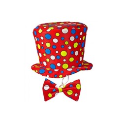 CHAPEAU HAUT DE FORME + NOEUD PAPILLON CLOWN  ROUGE A POIS