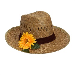 CHAPEAU DE FERMIER EN PAILLE NATURELLE AVEC FLEUR TOURNESOL JAUNE