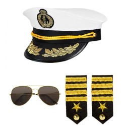 SET MARIN CAPITAINE DE BATEAU BLANC CASQUETTE - LUNETTES - EPAULETTES