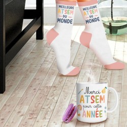 COFFRET CADEAU MUG MERCI ATSEM + CHAUSSETTES MEILLEURE ATSEM DU MONDE