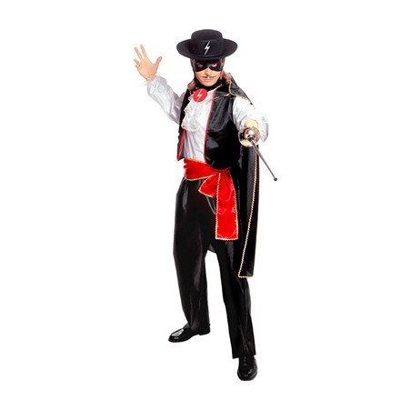 DEGUISEMENT JUSTICIER ZORRO MASQUE AVEC CAPE NOIR CEINTURE ROUGE TAILLE L