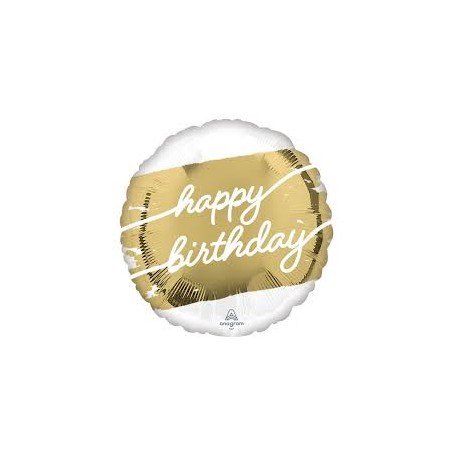 BALLON ROND METALLIQUE BLANC ET DORE HAPPY  BIRTHDAY 43 CM 