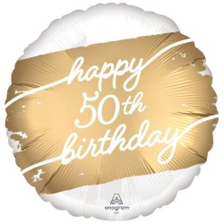 BALLON ROND METALLIQUE BLANC ET DORE HAPPY 50TH BIRTHDAY 43 CM 