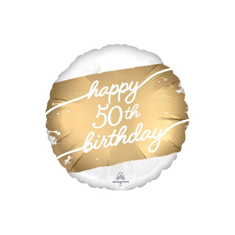 BALLON ROND METALLIQUE BLANC ET DORE HAPPY 50TH BIRTHDAY 43 CM BALLON ROND METALLIQUE BLANC ET DORE HAPPY 50TH BIRTHDAY 43 CM