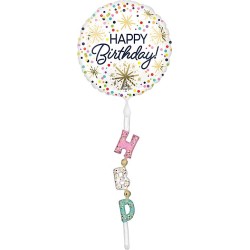 BALLON METALLIQUE  ROND BLANC AIRWALKER HAPPY BIRTHDAY MULTICOULEUR 60 X 170 CM 